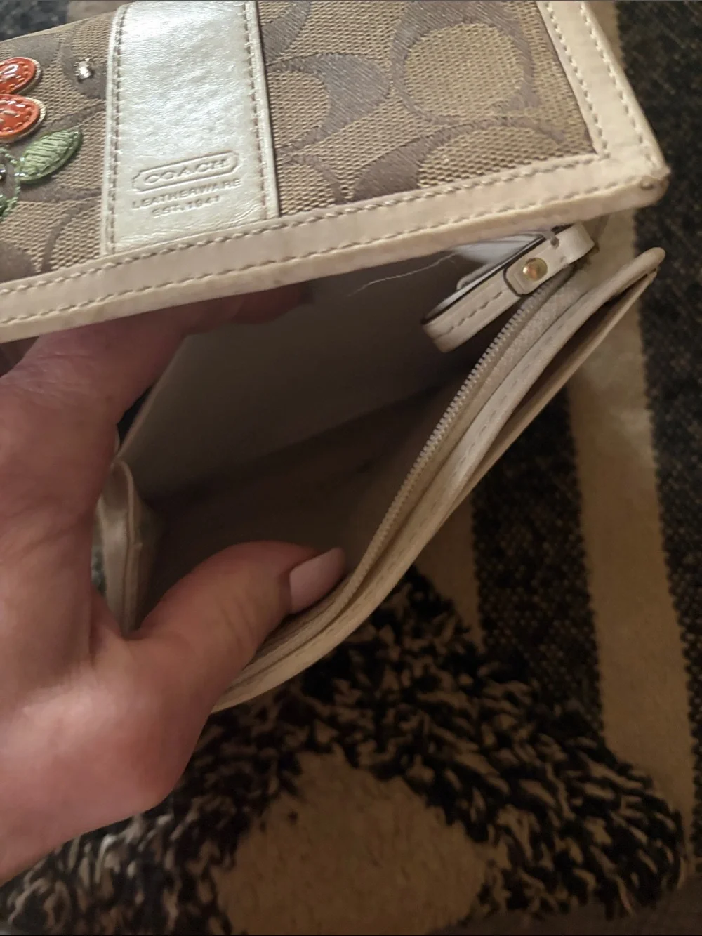 Rare Coach Y2K Signature Striped Flower Canvas Wallet with Orange Floral Accent